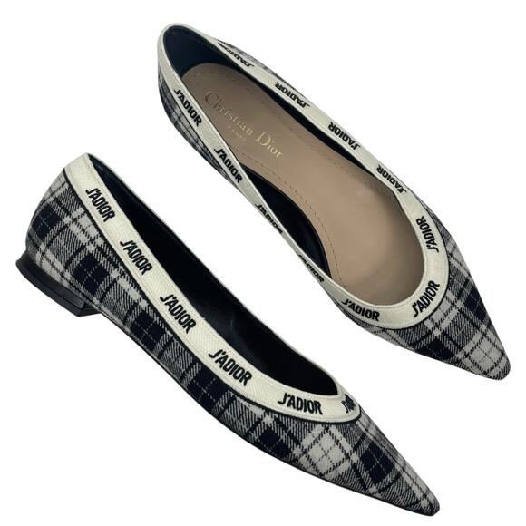 Christian Dior J'adior Embroider Tartan Print Pointed Toe Flats Size 39.5 - Picture 1 of 12
